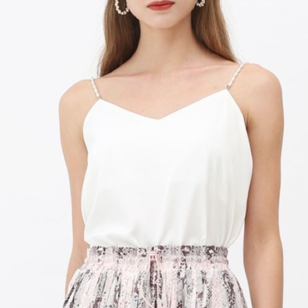 Chicwish Women’s Small Tank Top Pearl Strap Satin Cami White Layering Blouse